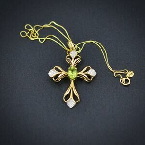Vintage 14K Yellow Gold Peridot Accent Cross Pendant Necklace 16" Italy 4.84g
